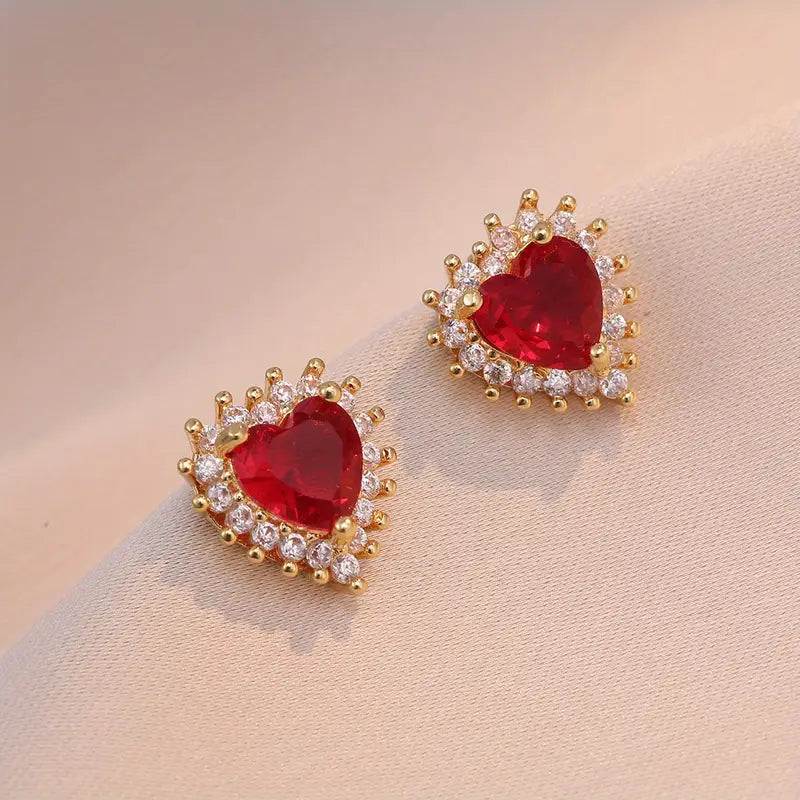 Heart Red Gem Necklace, Ring &amp; Earrings Set in Gold