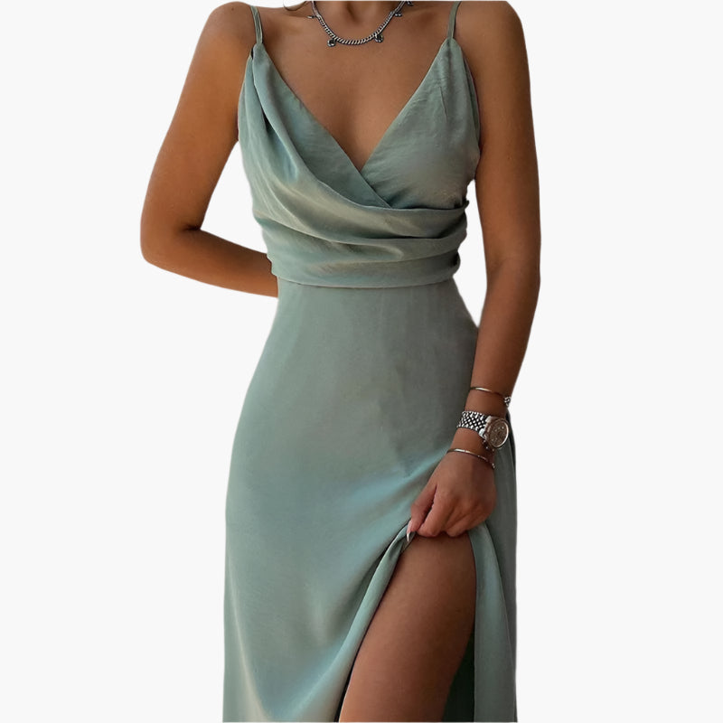 Joan – V-Neck Slip Dress with Printed Slit