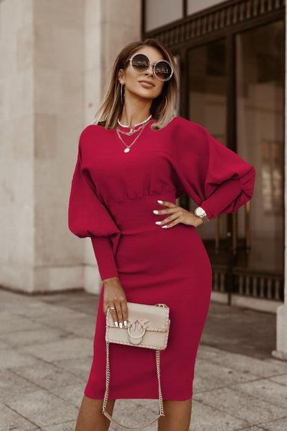 Jasmine – Solid Color Lantern Sleeve Dress