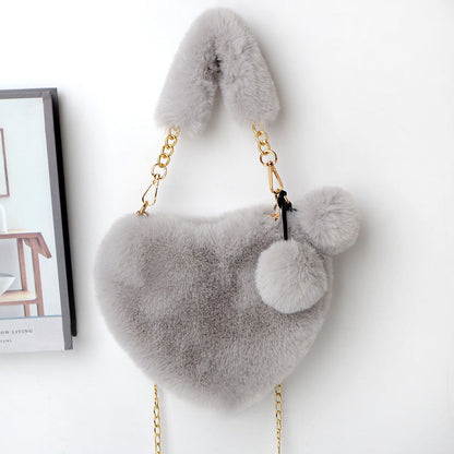 Jade – Red Heart-Shaped Fluffy Shoulder Bag with Gold Chain Straps