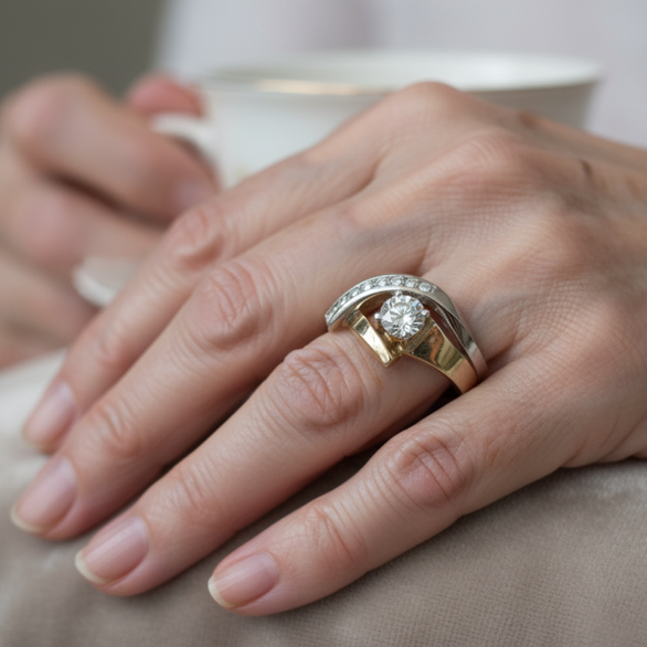 Sculpted Gold and Silver Crystal Accent Ring Set