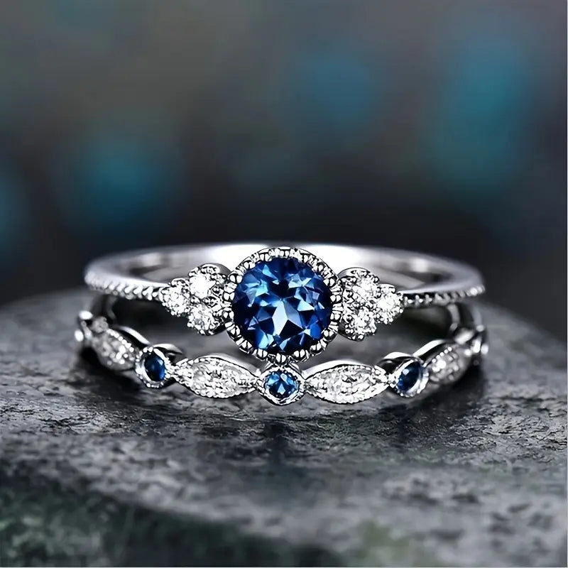 Vintage Sapphire Blue Crystal Ring Set with Delicate Accents