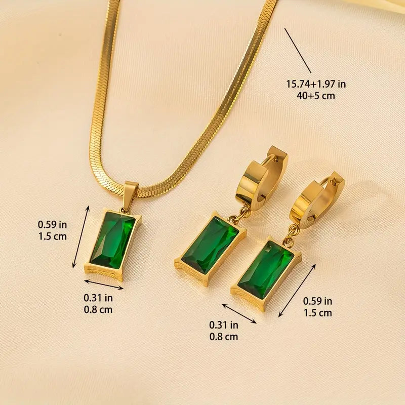 Emerald Rectangle Pendant Necklace and Earrings Set in Gold