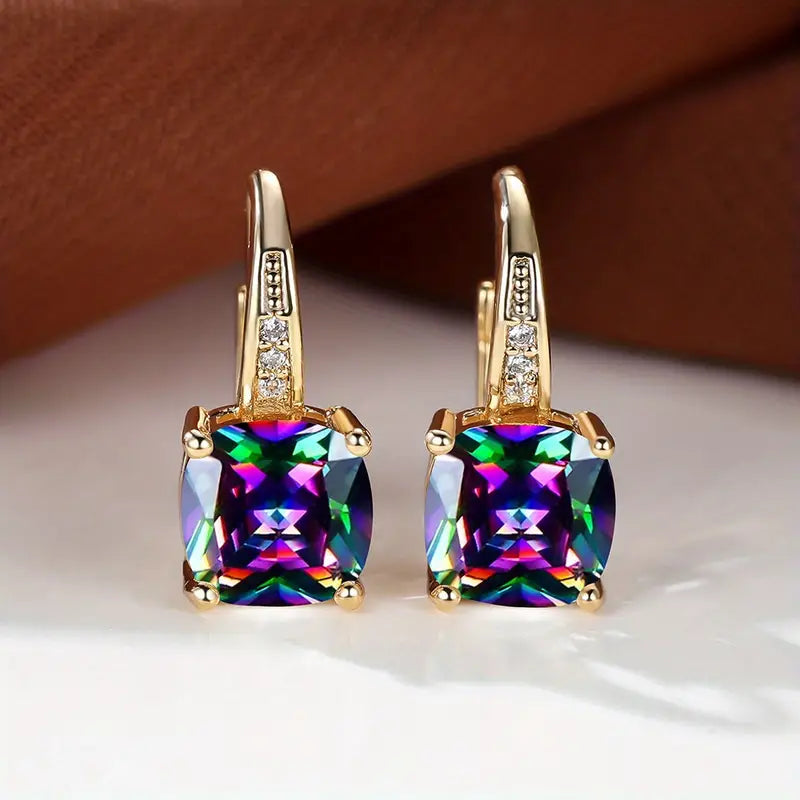 Rainbow Topaz Gold Drop Earrings with Crystal Accents