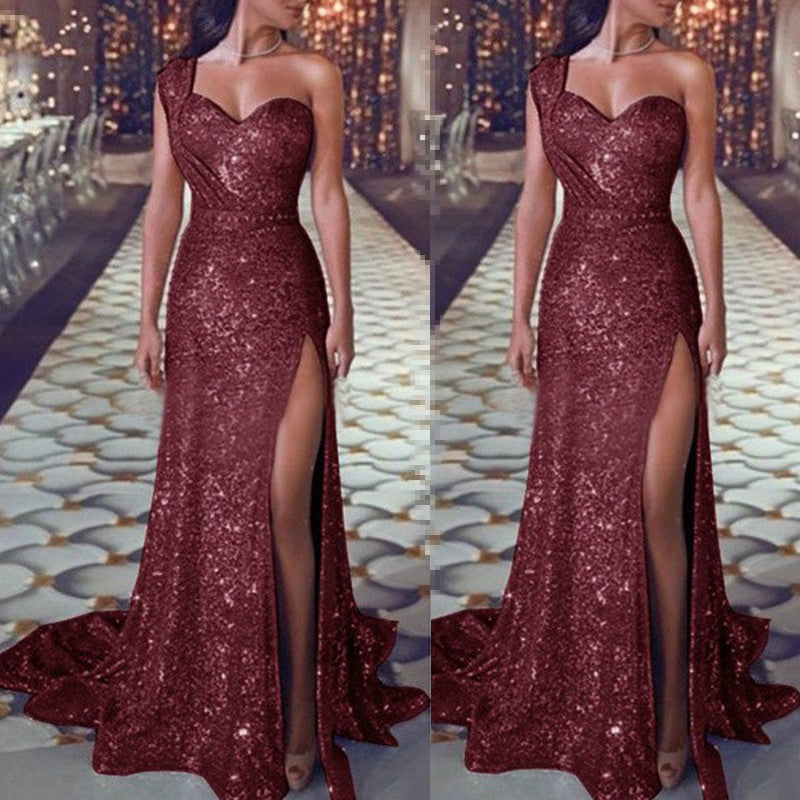 Melissa – One-shoulder Sleeveless Shimmer Split Dress