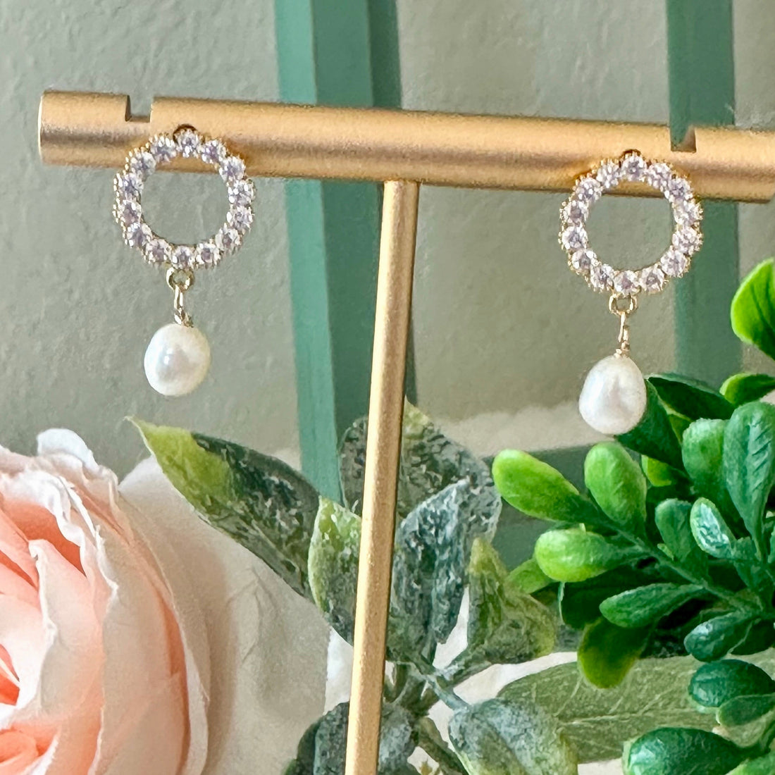 Open Circle Pearl Drop Earrings with Crystal Accents