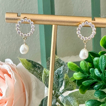 Open Circle Pearl Drop Earrings with Crystal Accents