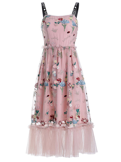 Lydia – Mesh Embroidered Mid-Length Suspender Skirt