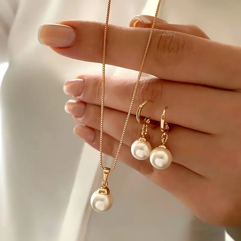 Classic Pearl Drop Necklace and Earring Set in Gold Tone
