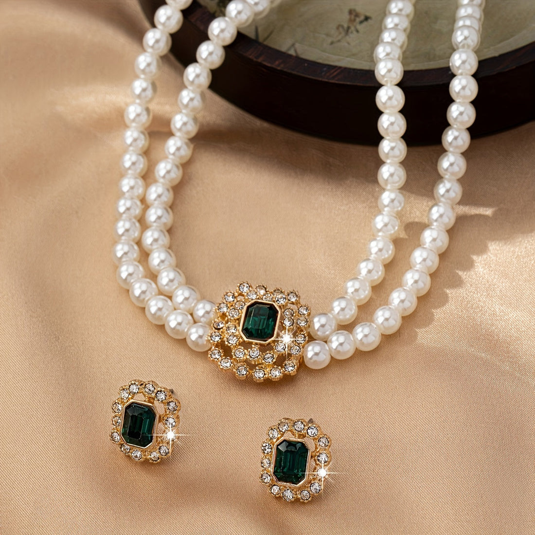 Pearl Necklace and Earrings Set with Emerald Green Accents