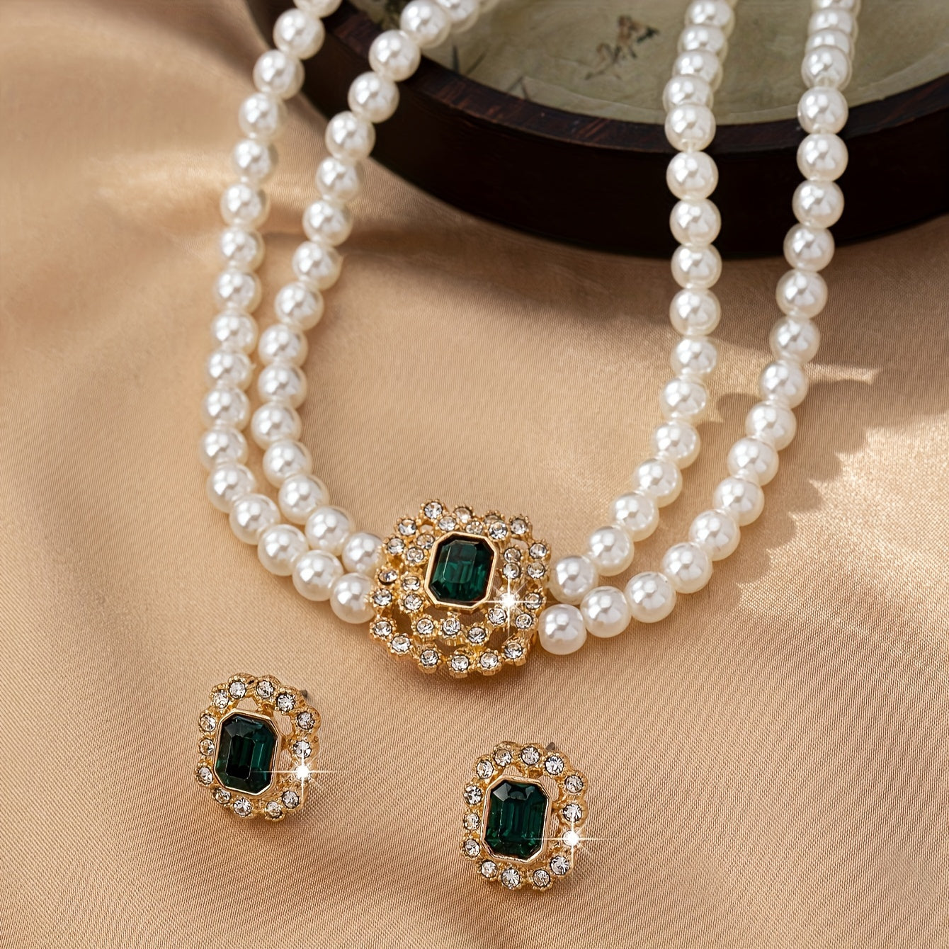 Pearl Necklace and Earrings Set with Emerald Green Accents