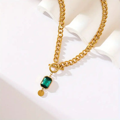 Emerald Green Gem Pendant Necklace in Gold Color