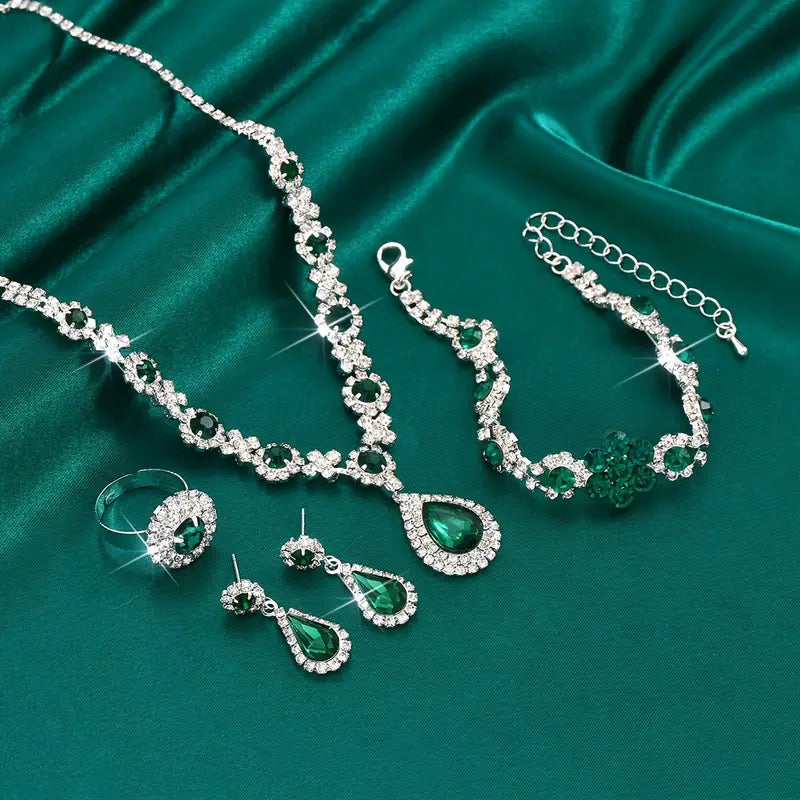 Emerald Teardrop &amp; Blossom Jewelry Set