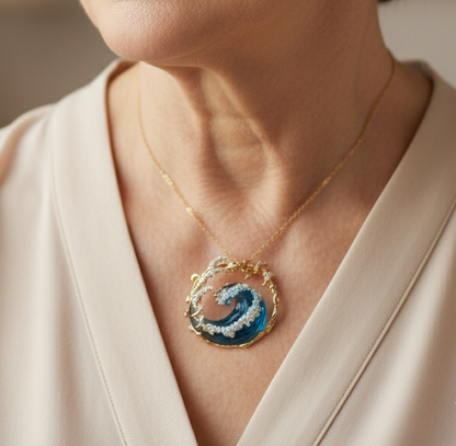 Ocean Wave Pendant Necklace with Gold and Crystals
