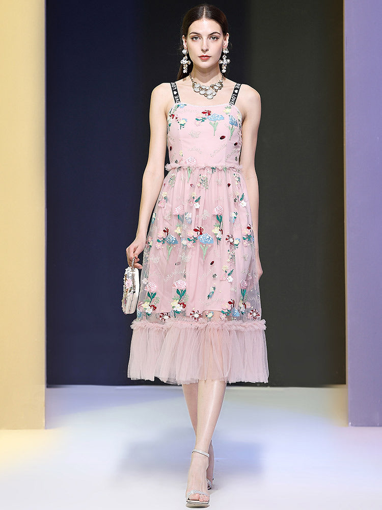 Lydia – Mesh Embroidered Mid-Length Suspender Skirt