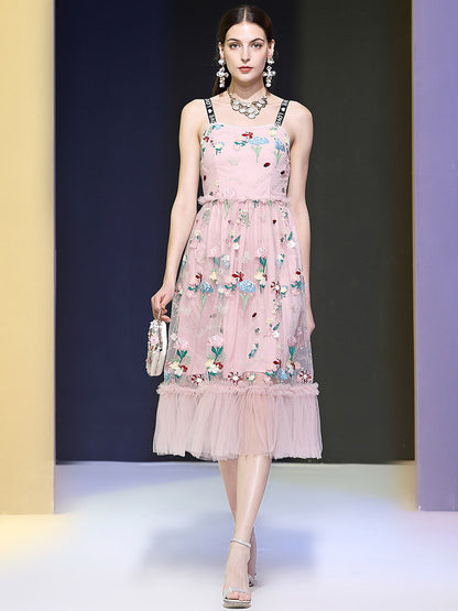 Lydia – Mesh Embroidered Mid-Length Suspender Skirt