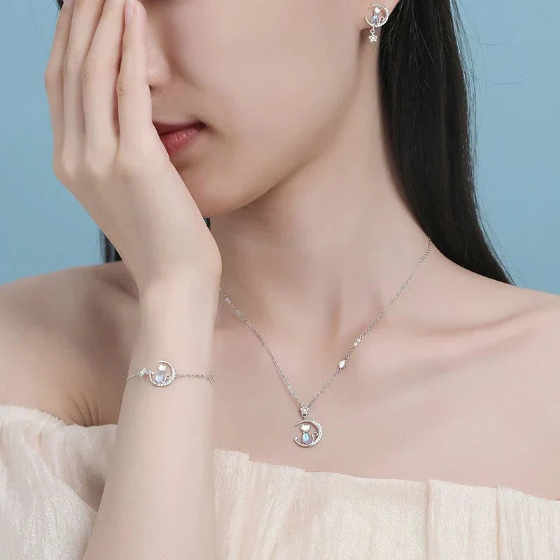 Moon &amp; Star Cat Earrings with Opal Glow