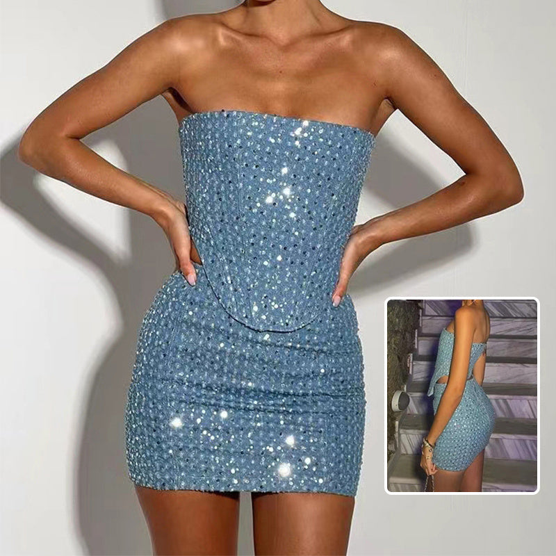 Julie – Y2K Denim Sequin Tube Top and Skirt Set
