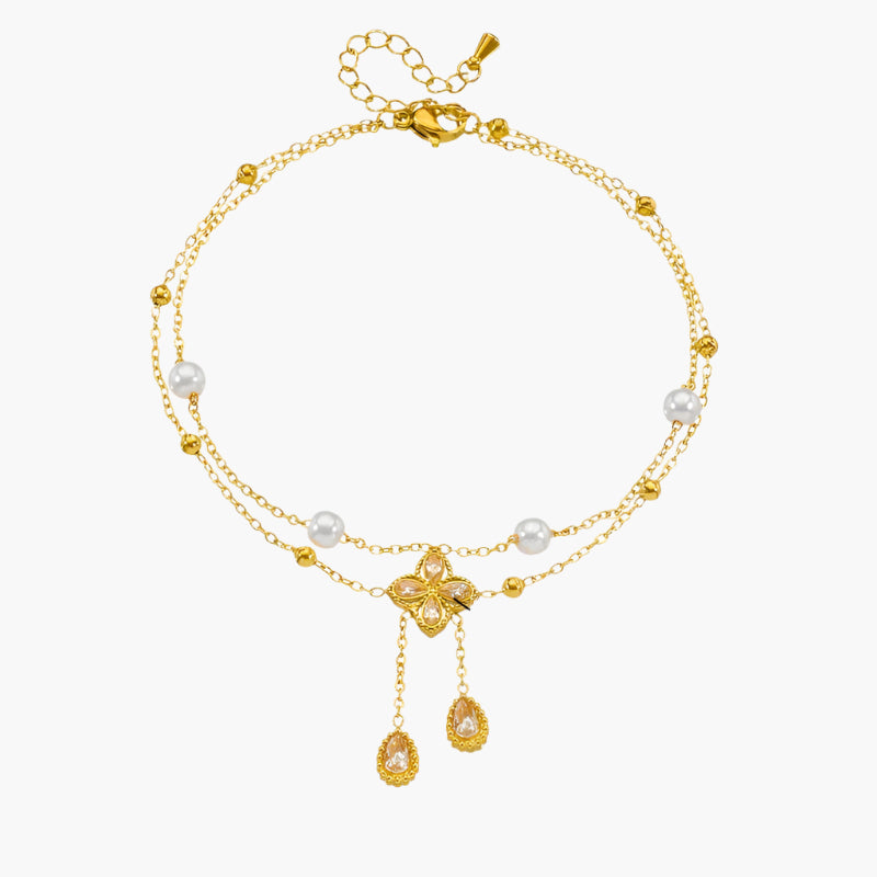 Jean – Double Layer Diamond Flower Pearl Anklet