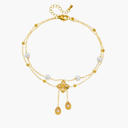 Jean – Double Layer Diamond Flower Pearl Anklet