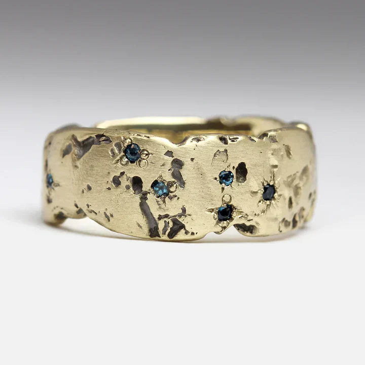 Textured Gold Band Ring with Blue Gemstones
