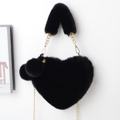 Jade – Red Heart-Shaped Fluffy Shoulder Bag with Gold Chain Straps