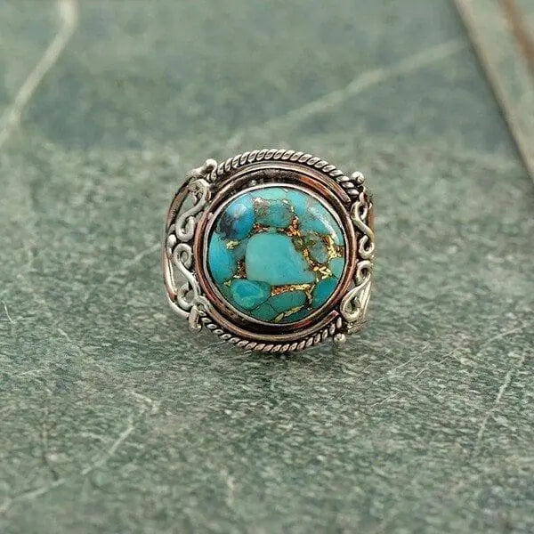 Boho Turquoise Statement Ring with Vintage Silver Filigree