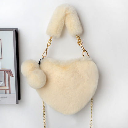 Jade – Red Heart-Shaped Fluffy Shoulder Bag with Gold Chain Straps