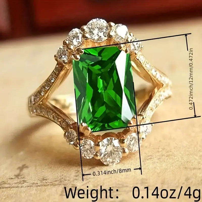Vintage Gold Ring with Emerald Cut Green Stone and Crystal Halo