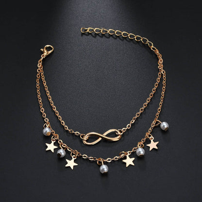 Infinity Anklet Bracelet with Pearls and Stars in Gold