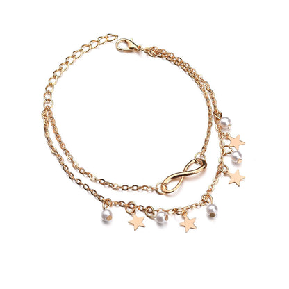 Infinity Anklet Bracelet with Pearls and Stars in Gold
