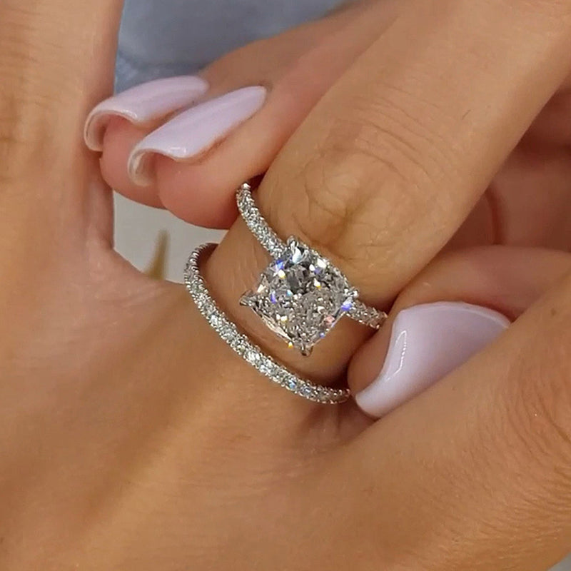 Radiant Cushion-Cut Halo Ring Set with Pavé Band