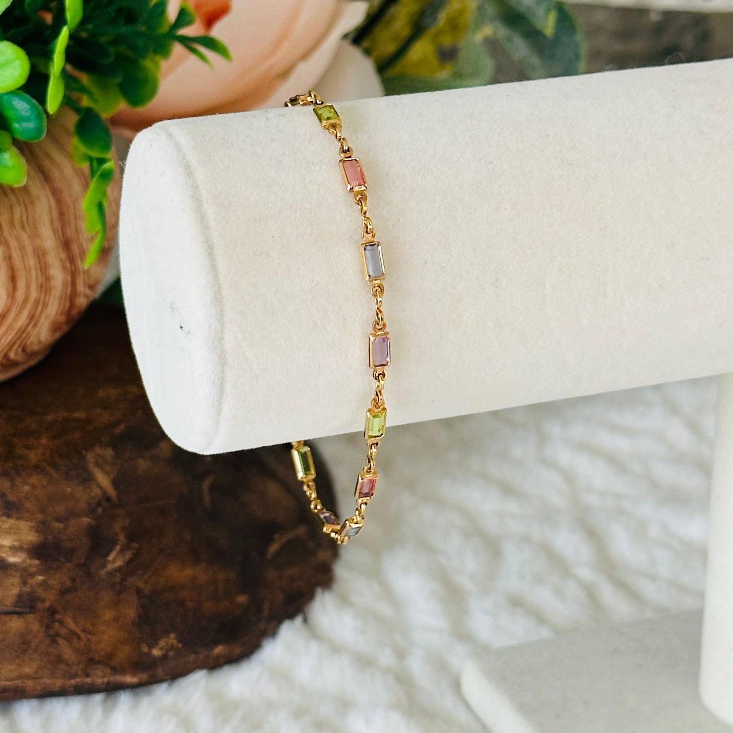 Pastel Baguette Stone Bracelet in Gold Tone