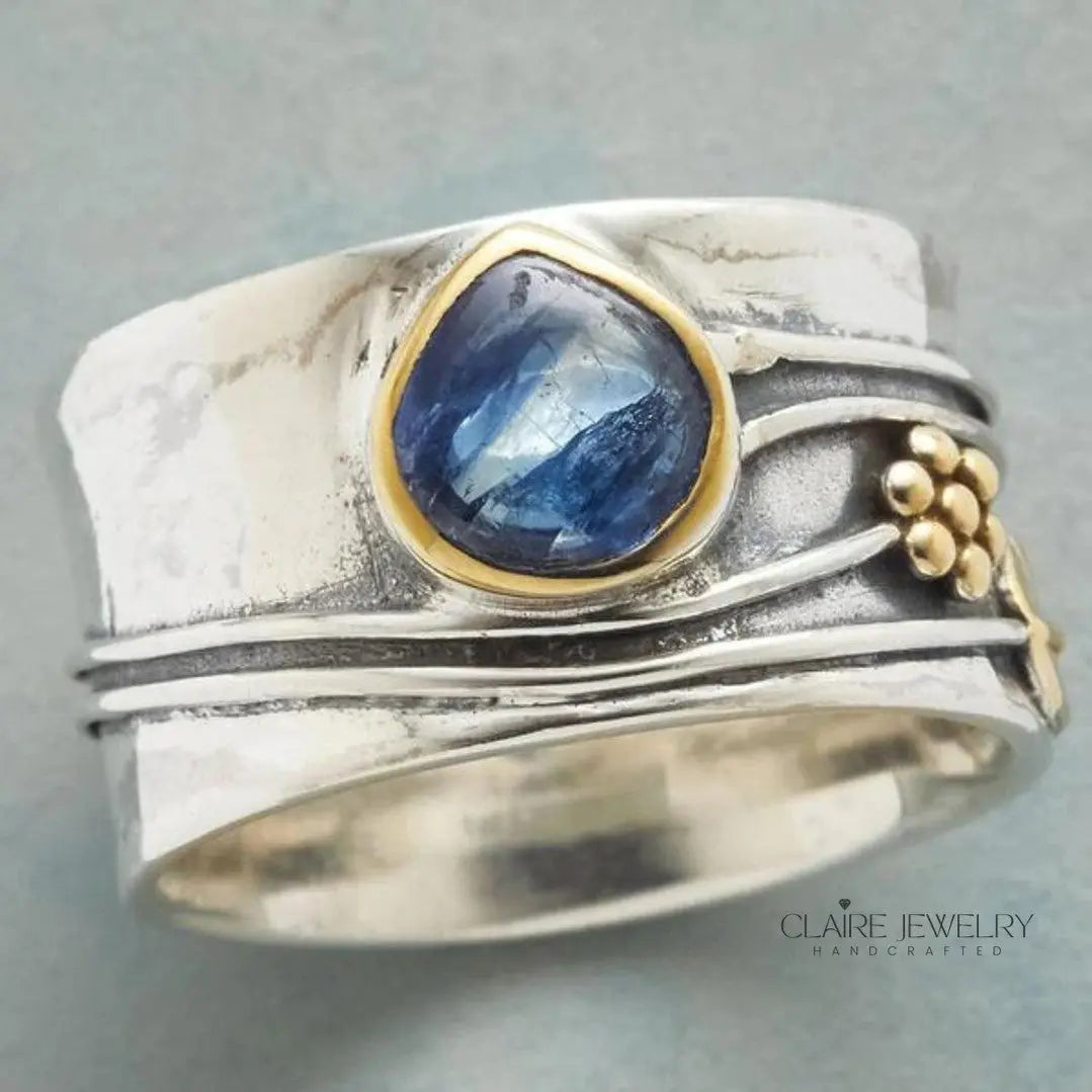 Blue Sapphire Bohemian Statement Ring in Silver and Gold Tones