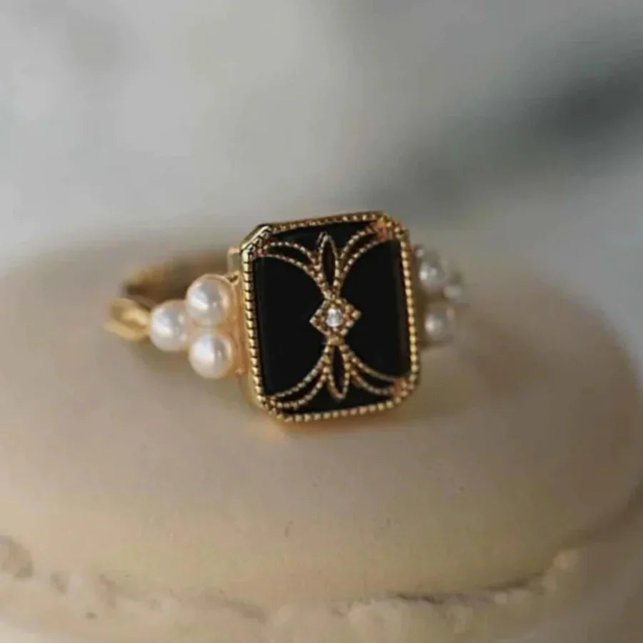 Vintage Black Enamel Filigree Ring with Pearls
