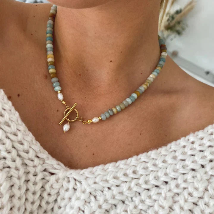 Amazonite &amp; Pearl Necklace with Gold Toggle Clasp