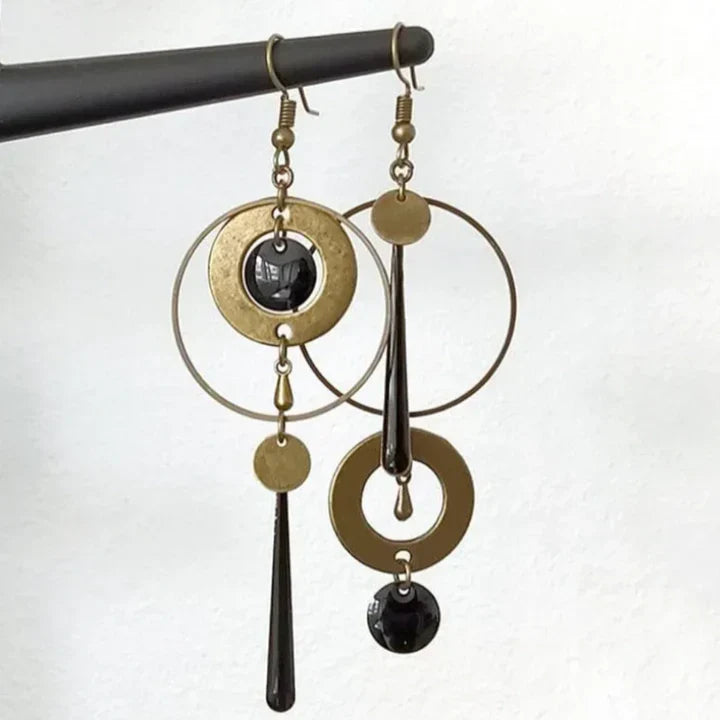 Geometric Gold Circle Earrings with Black Teardrop Accents