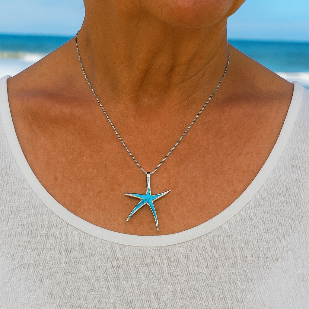 Ocean Starfish Necklace in Silver Blue Opal