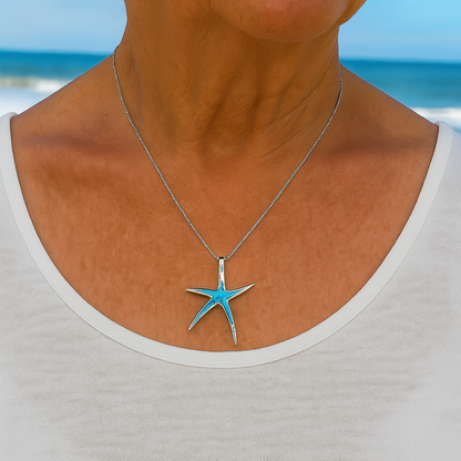 Ocean Starfish Necklace in Silver Blue Opal