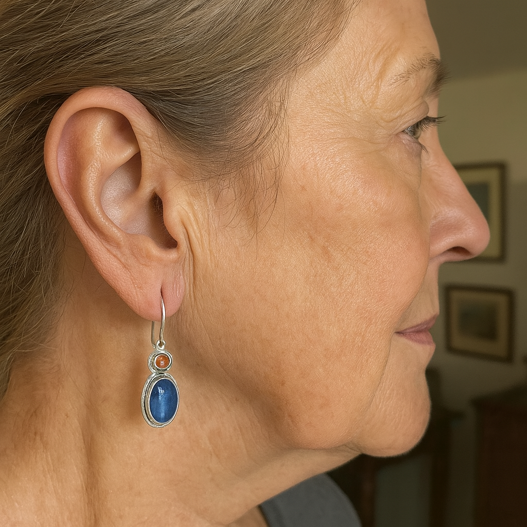 Vintage Blue and Amber Oval Drop Earrings