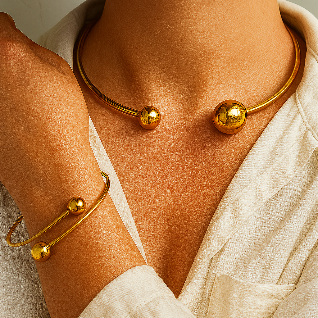 Sculptural Gold Sphere Necklace and Bracelet Set