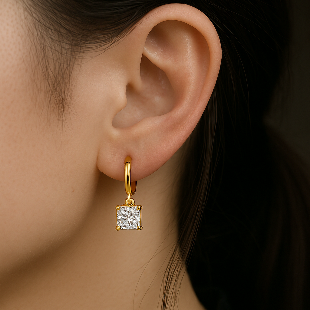 Gold Color Hoop Earrings with Sparkling Crystal Drop