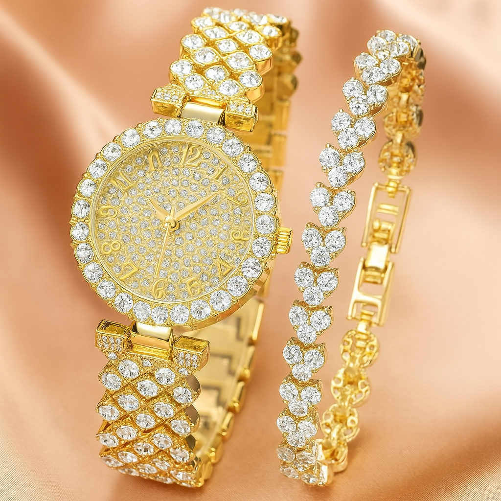Golden Radiance Watch and Heart Bracelet Set
