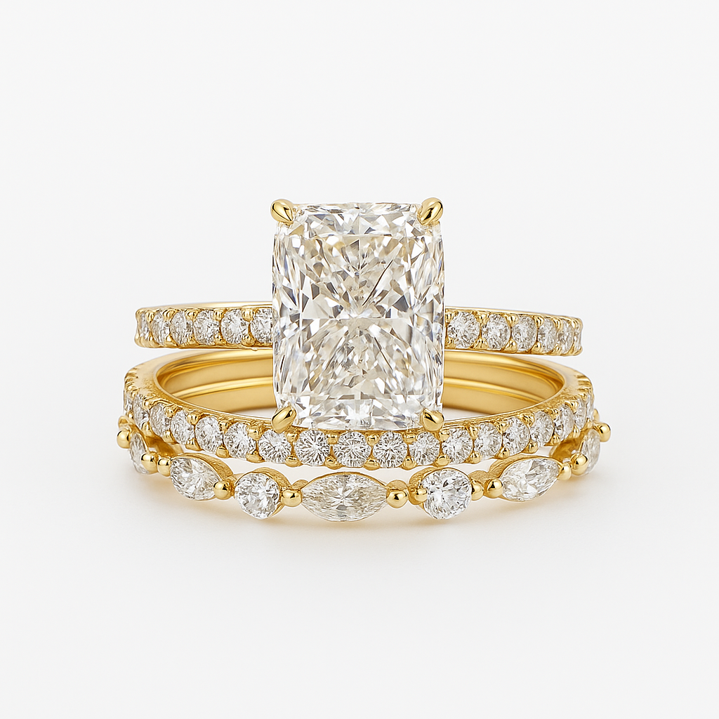 Radiant Cut Sparkling Stacking Ring Set with Marquise and Round Accents