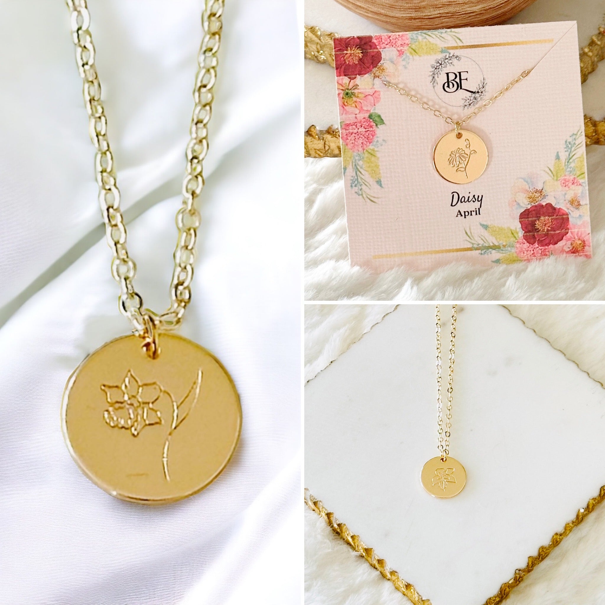 Snowdrop Birth Flower Pendant Necklace in Gold for January