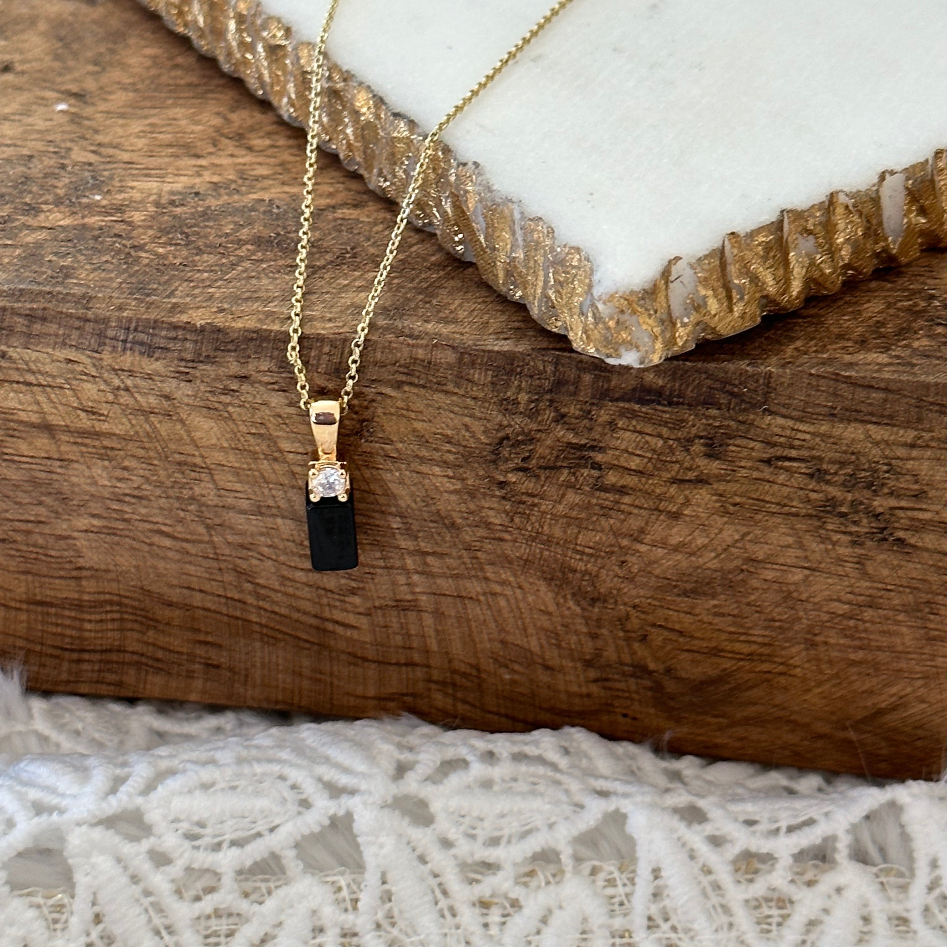 Black Onyx Bar Pendant Necklace in Gold Color
