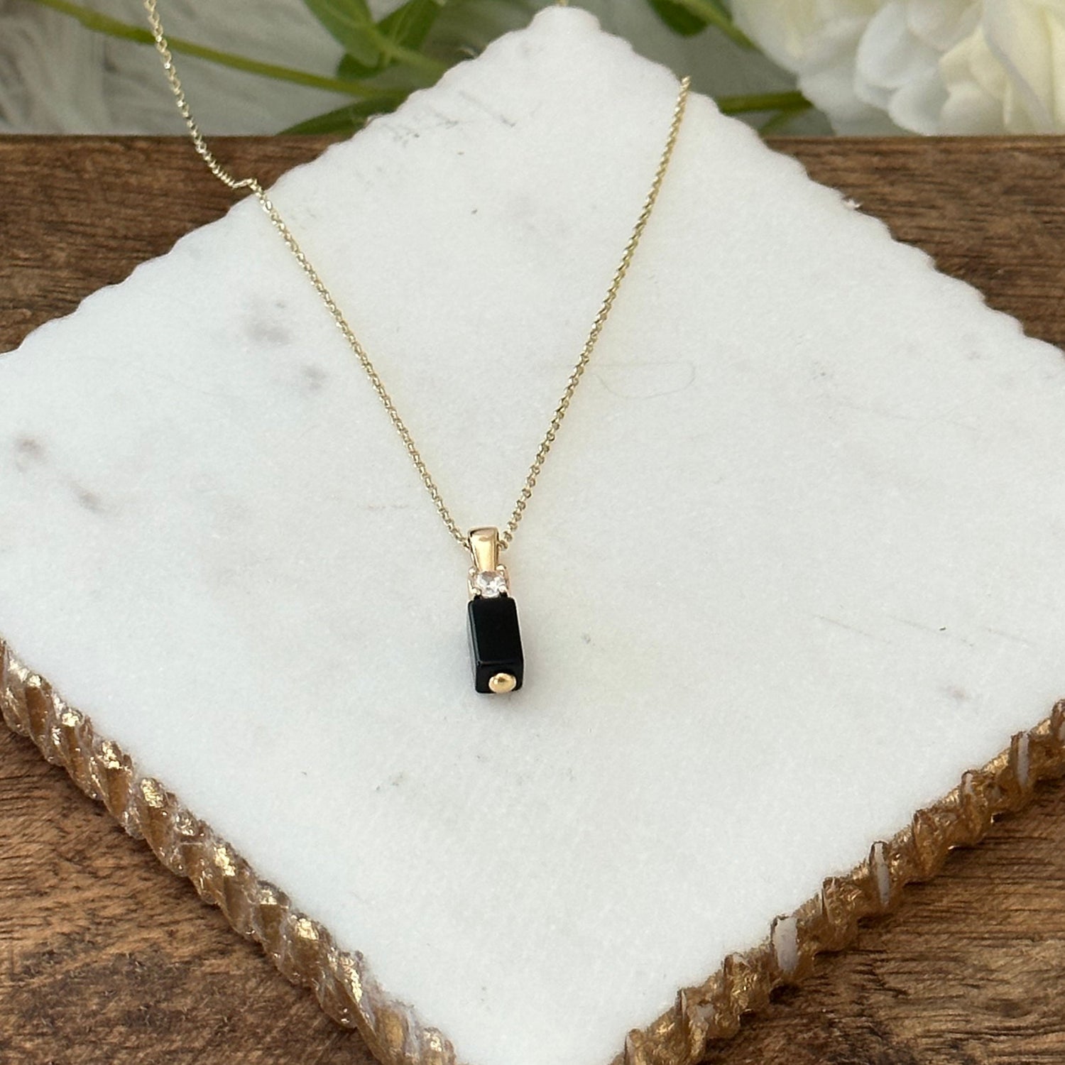 Black Onyx Bar Pendant Necklace in Gold Color