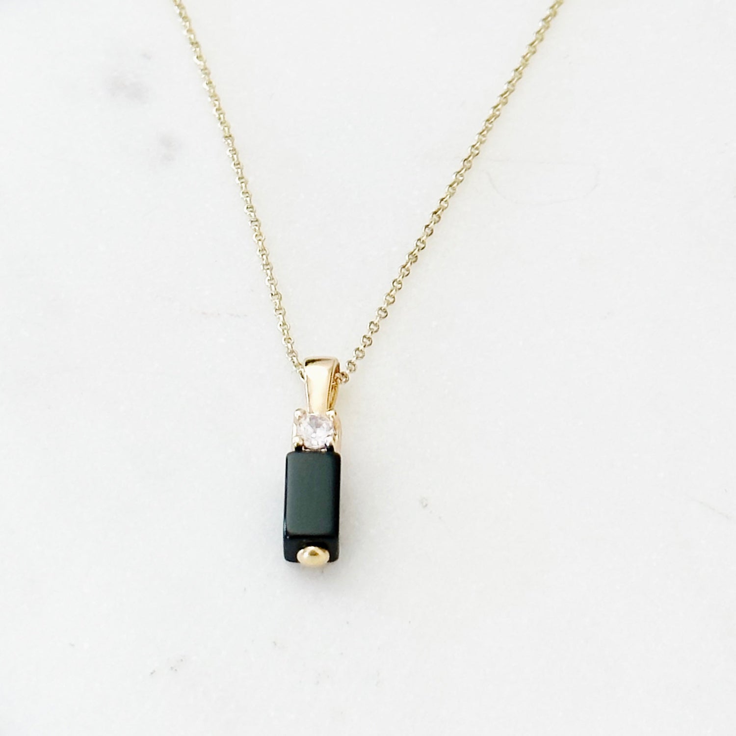Black Onyx Bar Pendant Necklace in Gold Color