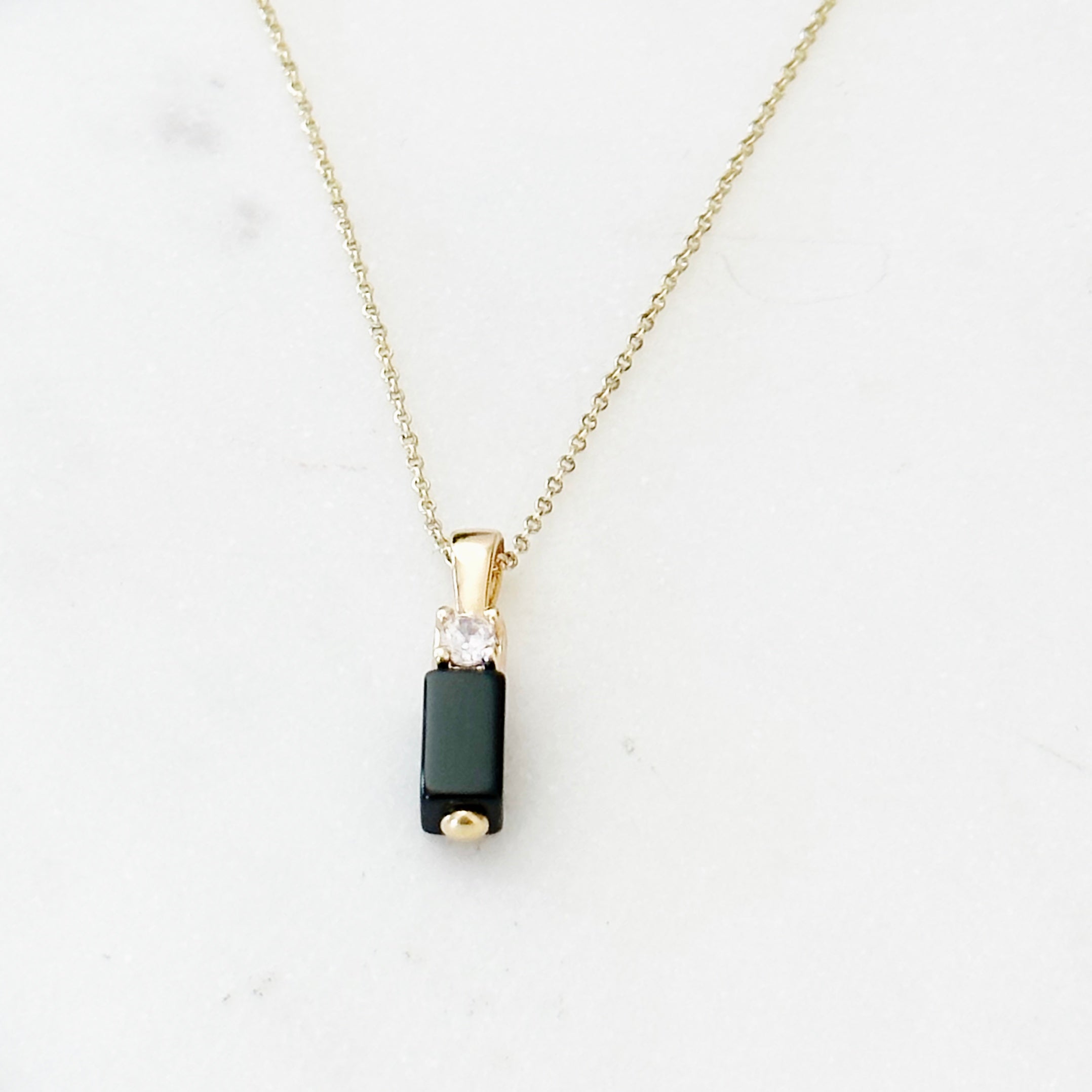 Black Onyx Bar Pendant Necklace in Gold Color