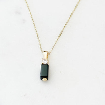 Black Onyx Bar Pendant Necklace in Gold Color
